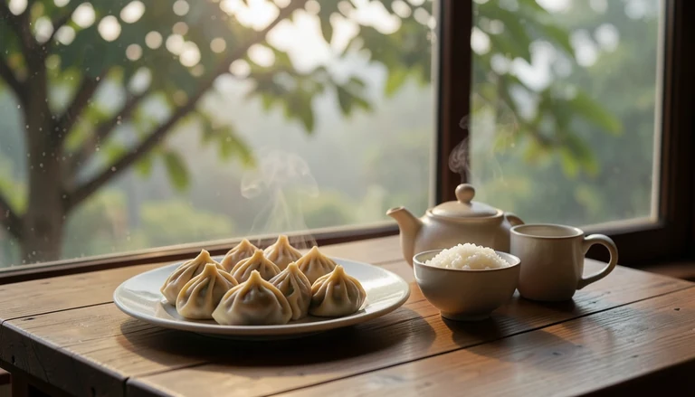AI illustration of An imagined shared Chinese table: a plate of dumplings, a bowl of rice and a pot of tea in warm evening light, with no restaurant signage.