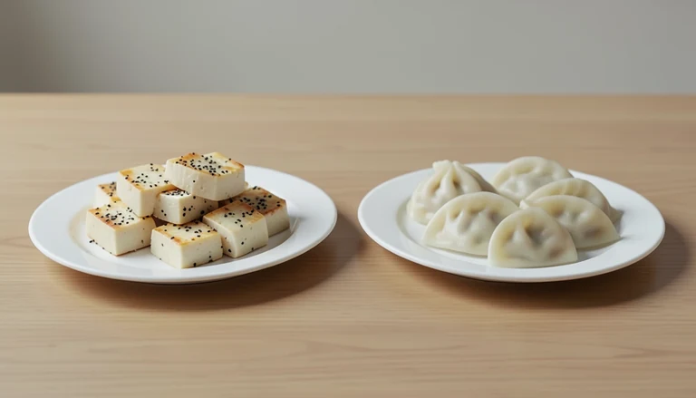 AI illustration of Generated food illustration of cooked sesame tofu and closed ordinary steamed dumplings on two separate plates.