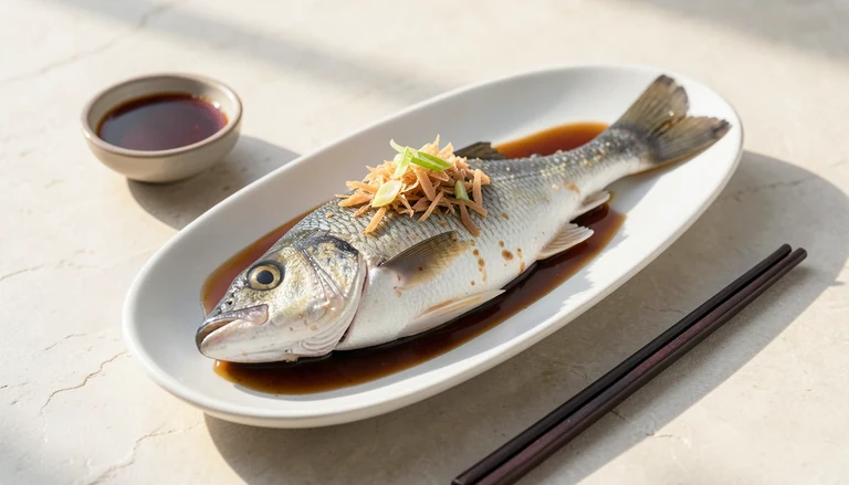 AI illustration of a whole steamed fish with ginger and scallion in soy sauce