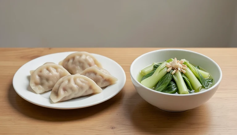 AI illustration of Generic editorial illustration of cooked pork dumplings and bok choy in separate dishes.