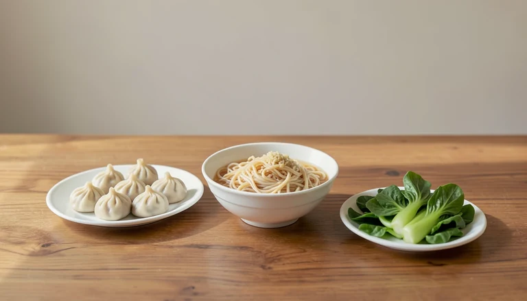 AI illustration of Illustration of a shared table with closed dumplings, noodles and bok choy.