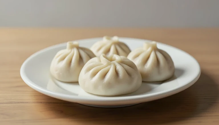 AI illustration of round pleated soup dumplings on a plain plate