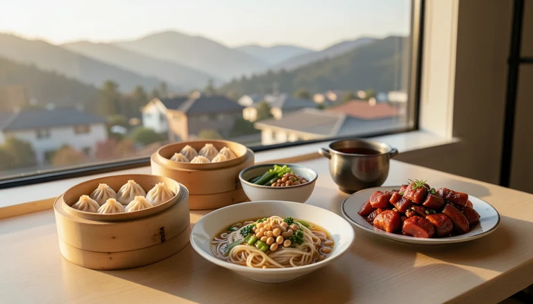 AI illustration of An imagined shared Chinese table in warm evening light: bamboo steamers of shrimp dumplings and soup dumplings, a bowl of rice noodles with pickled bamboo and peanuts, hand-made noodles in red chili oil, a plate of cumin lamb and a pot of tea, with no restaurant signage.