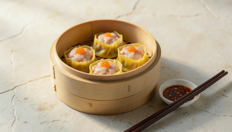 AI illustration of open-topped pork and shrimp siu mai with orange roe in a bamboo steamer