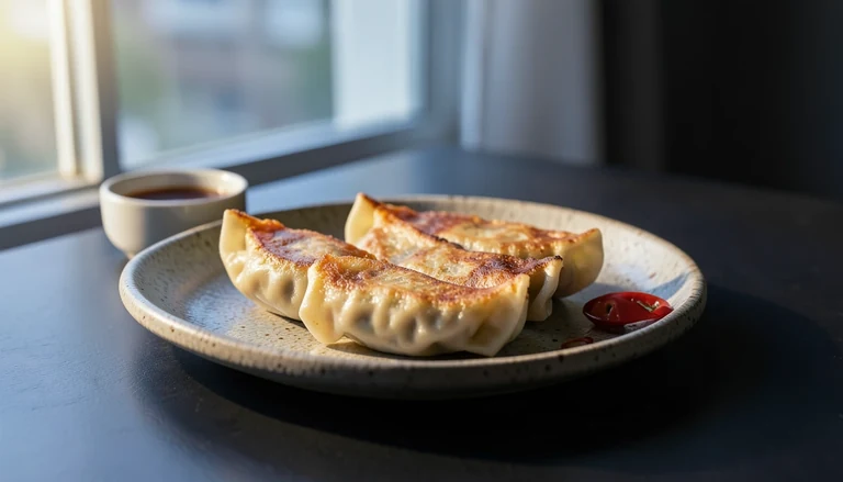 AI illustration of pan-fried dumplings with a golden crust