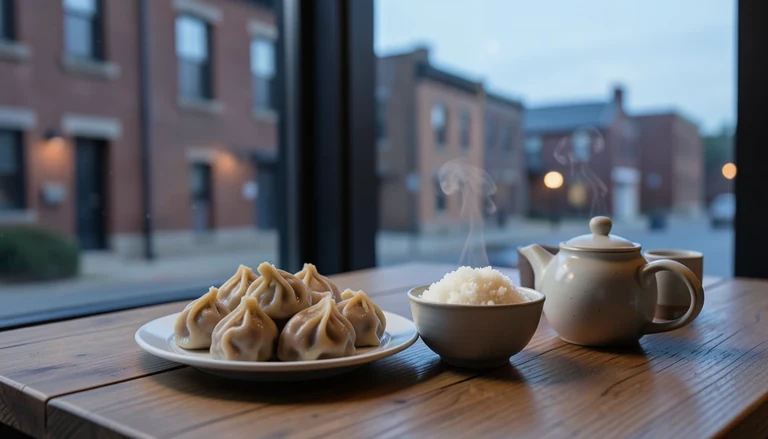 AI illustration of An imagined shared Chinese table: a plate of dumplings, a bowl of rice and a pot of tea in warm evening light, with no restaurant signage.