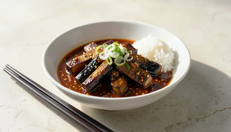 AI illustration of braised eggplant in a glossy garlic and chili sauce with rice