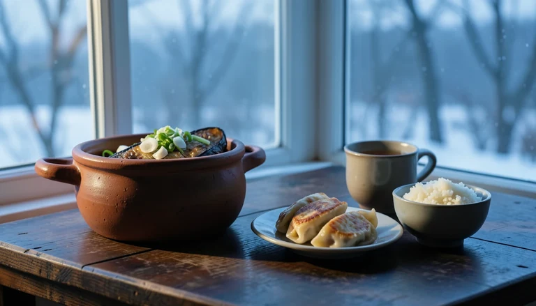 AI illustration of An imagined Chinese dinner table: sliced roast duck, a bamboo steamer of shrimp dumplings, a clay pot of beef brisket, and a bowl of chili-oil noodles, with tea and chopsticks on a wooden table.