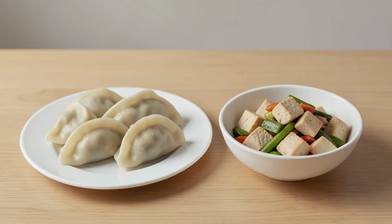 AI illustration of Generic editorial illustration of cooked dumplings and tofu with vegetables in separate dishes.