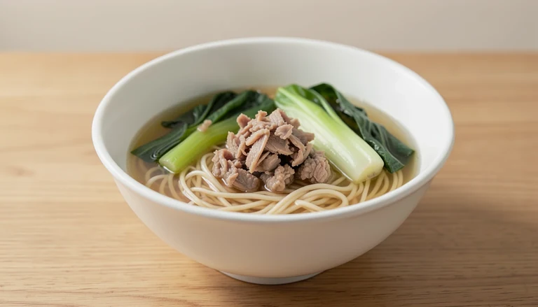 AI illustration of thin noodles, cooked pork and greens in light broth