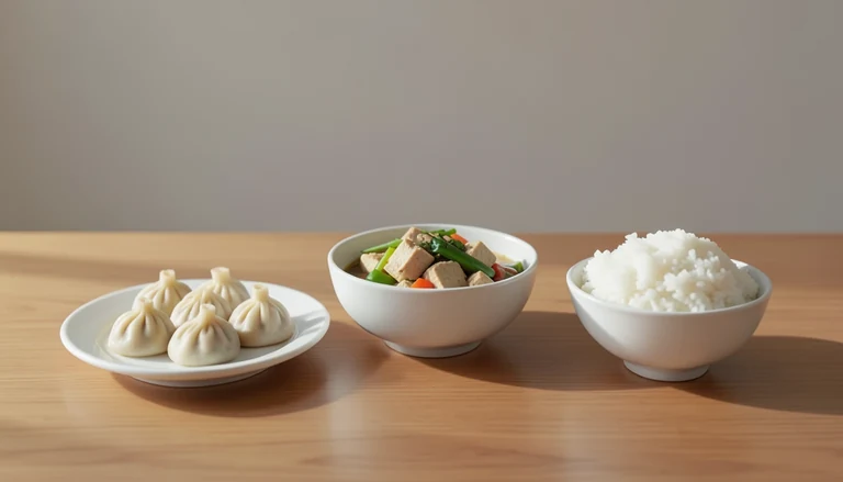 AI illustration of Illustration of a shared meal with closed dumplings, tofu and vegetables, and rice.