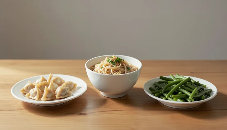 AI illustration of Illustration of a shared meal with dumplings, noodles and green beans.
