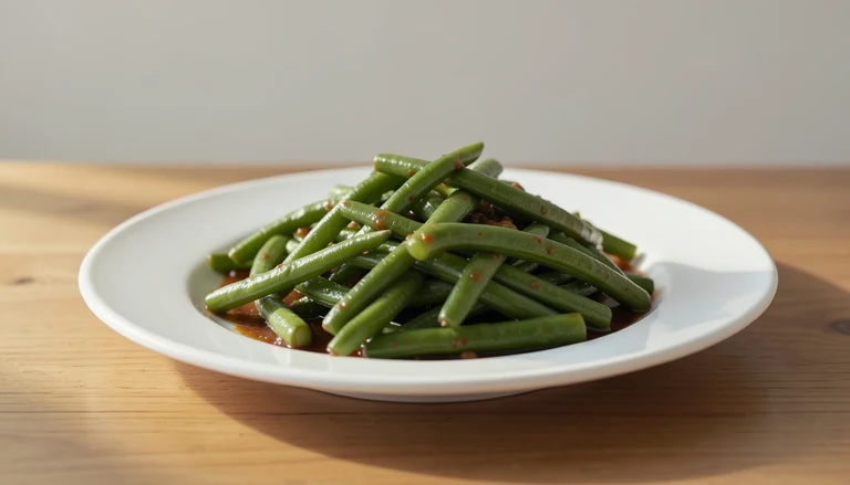 AI illustration of cooked green beans on a plain plate
