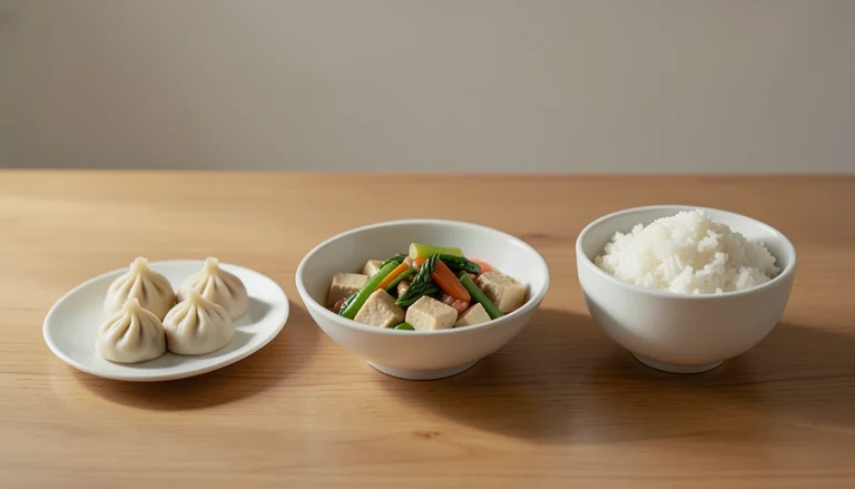 AI illustration of Illustration of pleated dumplings with cooked tofu, vegetables and white rice.