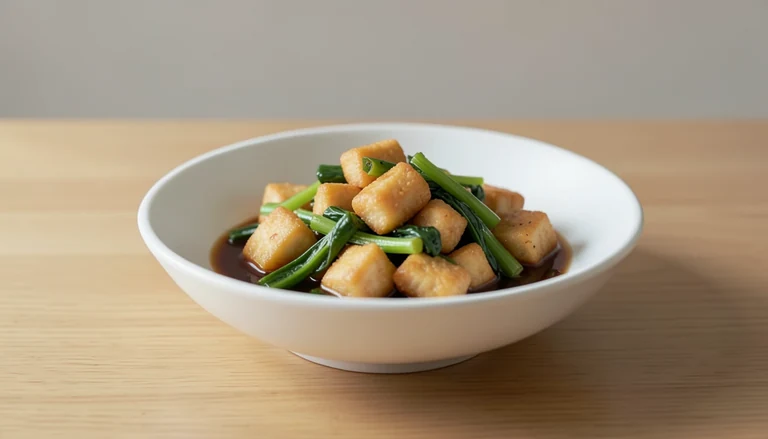 AI illustration of golden tofu pieces and cooked green vegetables in brown sauce