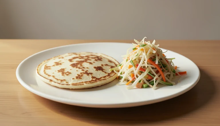 AI illustration of thin pancakes beside shredded vegetables