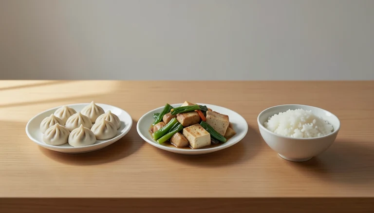 AI illustration of Illustration of a shared meal with closed dumplings, tofu and vegetables, and rice.