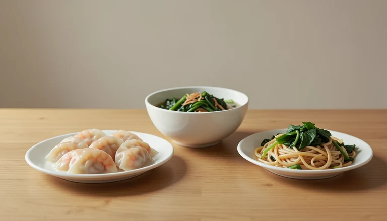 AI illustration of Illustration of a shared table with shrimp dumplings, noodles and vegetables.