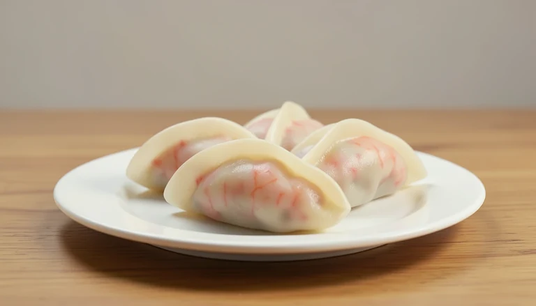AI illustration of closed crescent shrimp dumplings on a plain plate