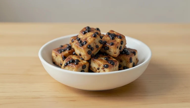AI illustration of Illustration of cooked tofu pieces in dark sauce.