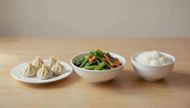 AI illustration of Illustrated shared table with closed dumplings, cooked vegetables and rice.