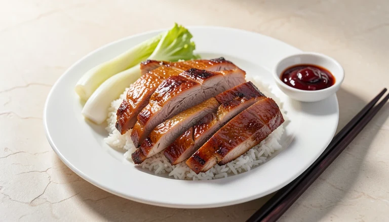 AI illustration of sliced roast duck over white rice with bok choy and a dish of plum sauce
