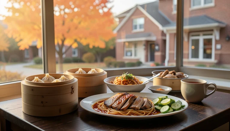 AI illustration of An imagined shared Chinese table: bamboo steamers of dim sum, a bowl of hand-stretched noodles, sliced roast duck and a cucumber salad with a pot of tea in warm light, with no restaurant signage.