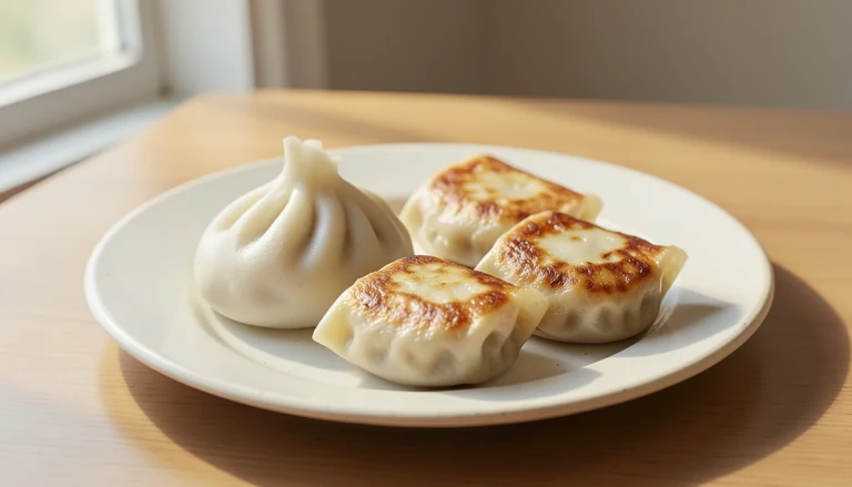 AI illustration of white steamed bao and golden-bottomed pan-fried dumplings on a plain ceramic plate
