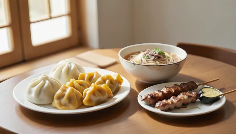 AI illustration of An imagined Chinese shared table with dumplings, bao, hand-pulled noodles, lamb skewers and a vegetable dish, with no restaurant signage.