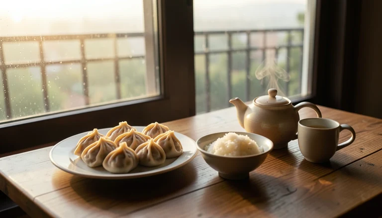 AI illustration of An imagined shared Chinese table: a plate of dumplings, a bowl of rice and a pot of tea in warm evening light, with no restaurant signage.