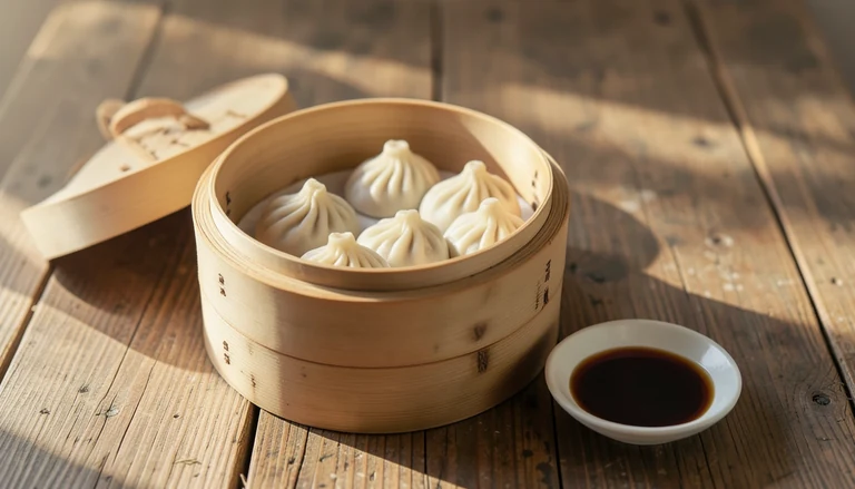 AI illustration of a bamboo steamer of steamed dumplings