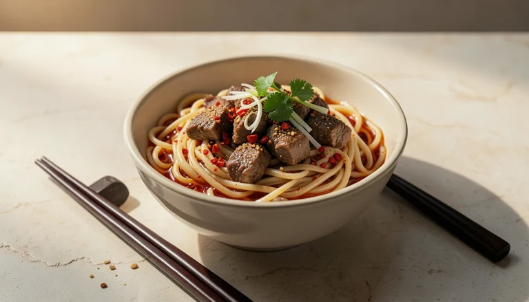 AI illustration of a bowl of hand-pulled noodles with cumin lamb and chili
