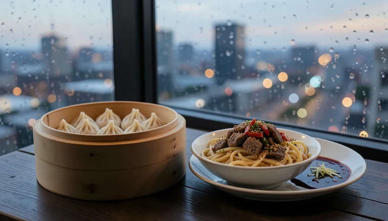 AI illustration of An imagined Chinatown dim sum table in New York: bamboo steamers, soup dumplings, chopsticks and tea on a round table by a window.