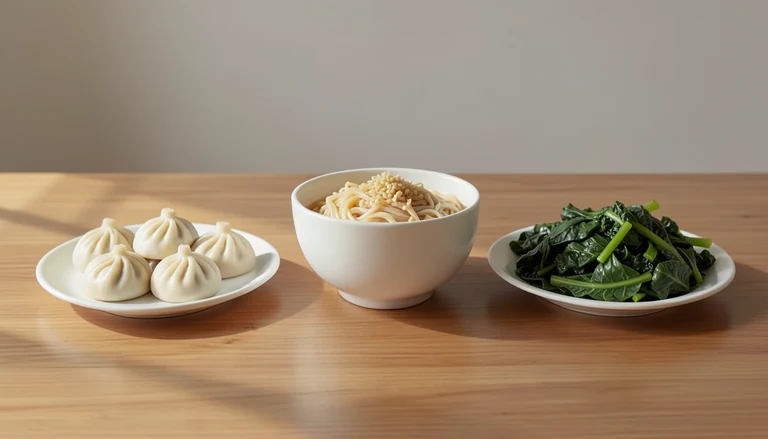 AI illustration of Illustration of a shared table with closed dumplings, noodles and cooked greens.