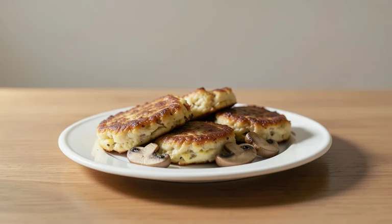 AI illustration of browned egg patties with sliced mushrooms