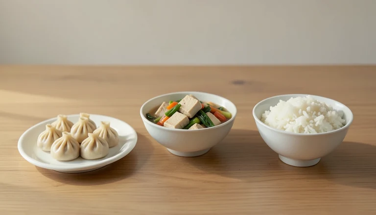 AI illustration of Illustration of closed pleated dumplings beside tofu and vegetables and white rice.