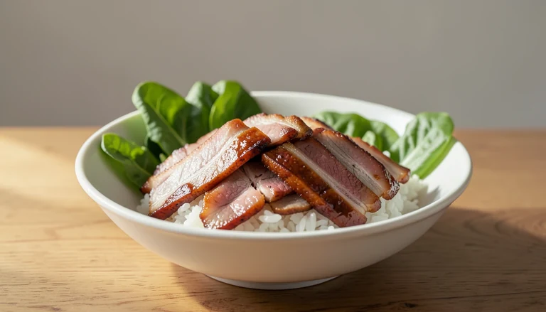AI illustration of sliced meat over rice with greens
