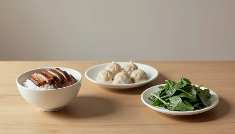 AI illustration of Illustration of a shared table with dumplings, noodles and vegetables.