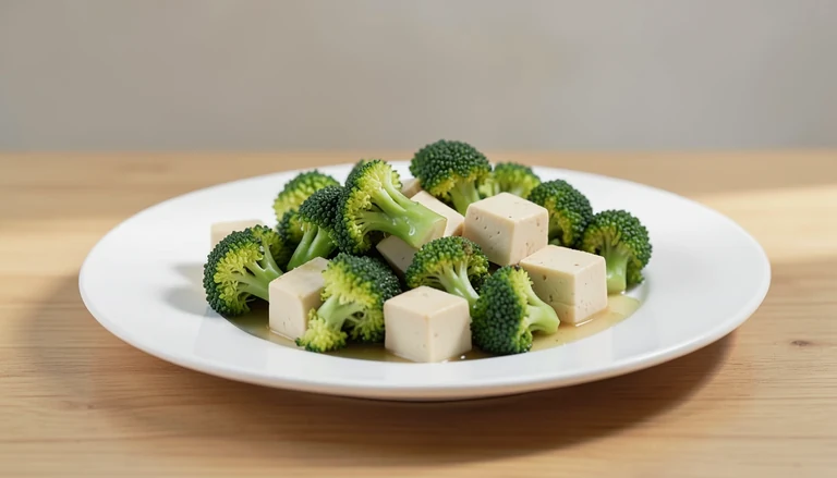AI illustration of cooked broccoli and pale tofu cubes on a plain plate