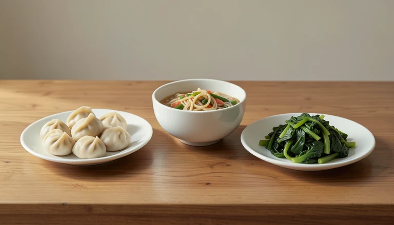 AI illustration of Illustration of a shared meal with dumplings, noodles and cooked greens.