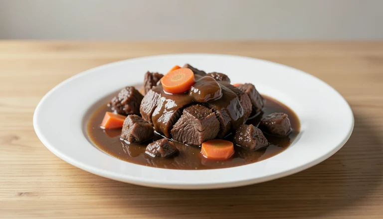 AI illustration of small cooked braised beef pieces with vegetables