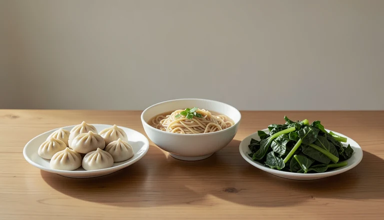 AI illustration of Illustration of a shared table with closed dumplings, noodles and cooked greens.