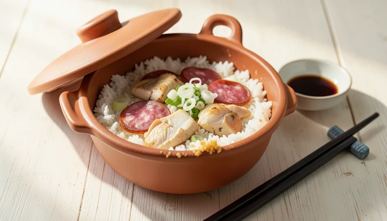 AI illustration of clay pot rice with Chinese sausage and chicken