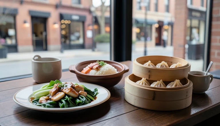 AI illustration of An imagined dinner table with a bamboo steamer of shrimp dumplings, sliced roast duck over rice, a bowl of chili-oil noodles, tea and chopsticks, beside a window with late-afternoon light. No restaurant sign or street name.