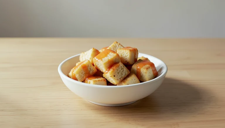 AI illustration of small golden tofu pieces coated in orange sauce