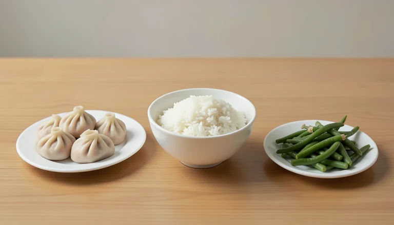 AI illustration of Illustration of closed pleated dumplings, white rice and green beans on separate dishes.