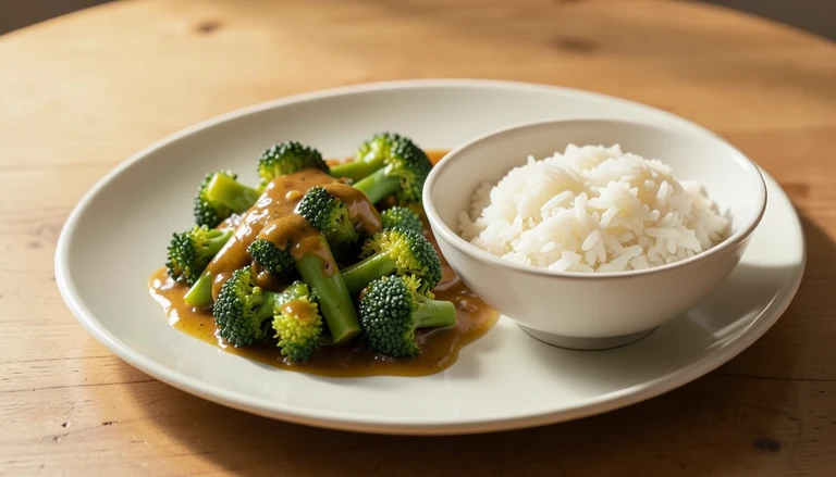 AI illustration of stir-fried broccoli in a glossy garlic sauce beside a bowl of rice