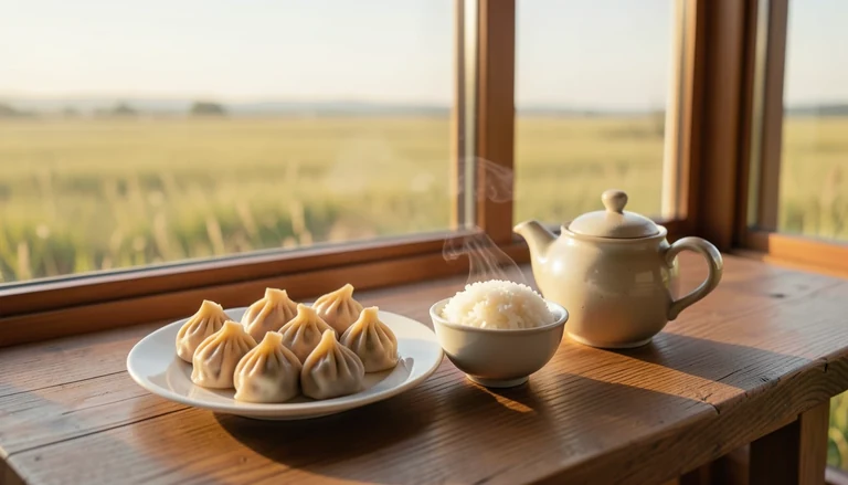 AI illustration of An imagined shared Chinese table: a plate of dumplings, a bowl of rice and a pot of tea in warm evening light, with no restaurant signage.