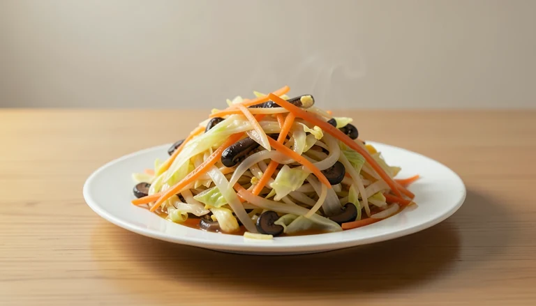 AI illustration of Generic illustration of the soft cooked shredded vegetable-and-egg component of moo shu vegetables.