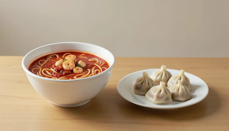 AI illustration of Generic illustration of cooked spicy red seafood noodle soup and ordinary steamed dumplings in two dishes.